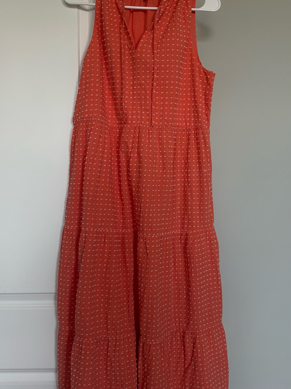 LOFT Coral Tiered Midi Dress with Tiny White Dot Print